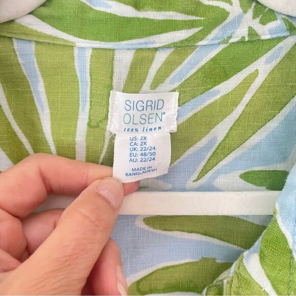 Sigrid Olsen Green Linen Leaf Print Button Up Shirt 2X - Picture 4 of 8